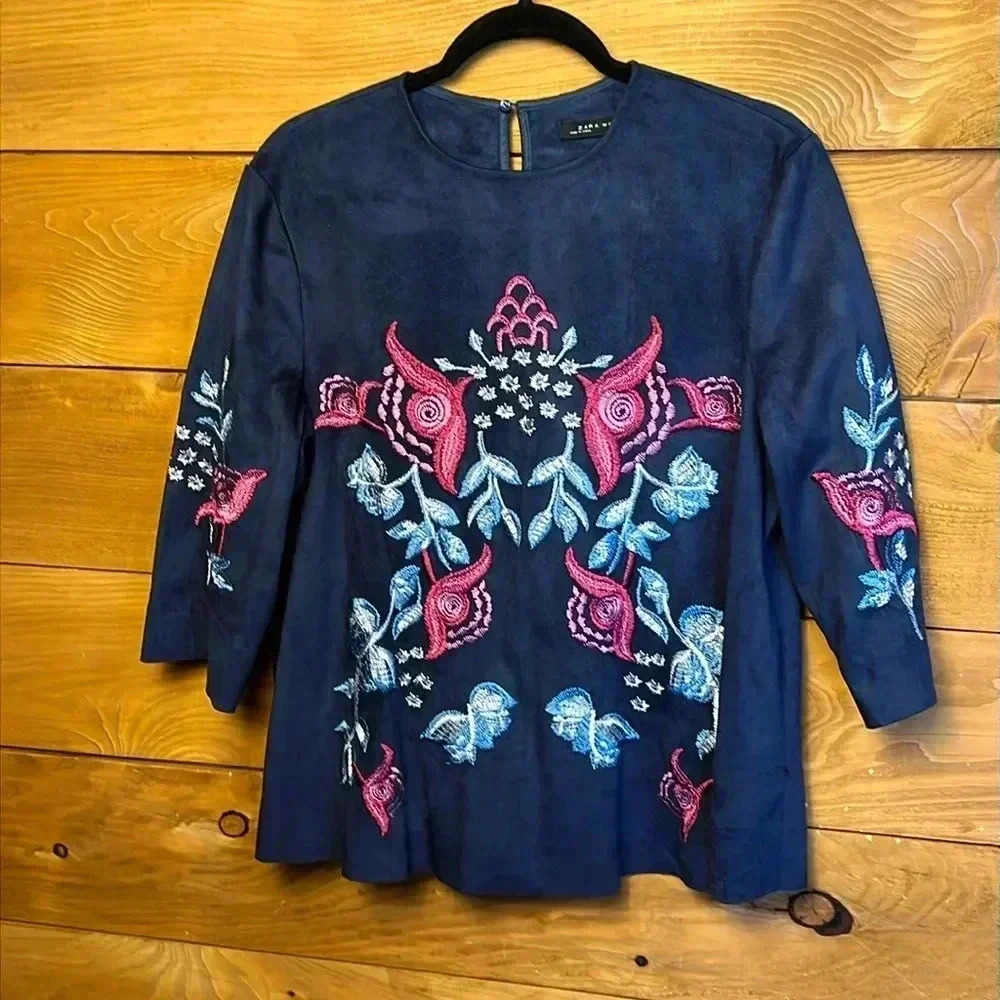 Zara Woman Top Embroidered‎ FLORAL Suede effect Lg Boho Cottagecore Event Party